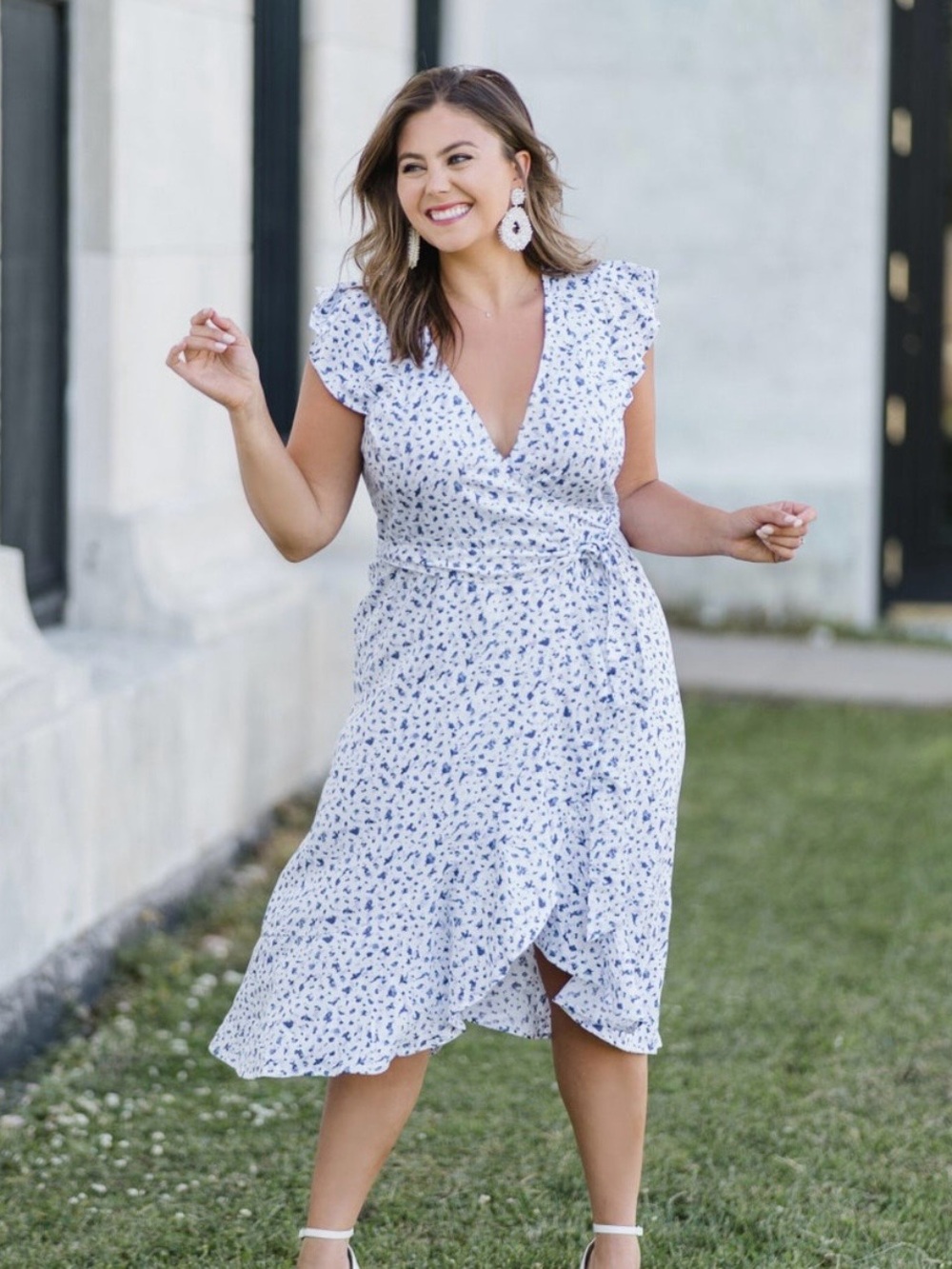 The Drop by Carolyn Mirand White Midi Wrap Dress with Blue Floral Print